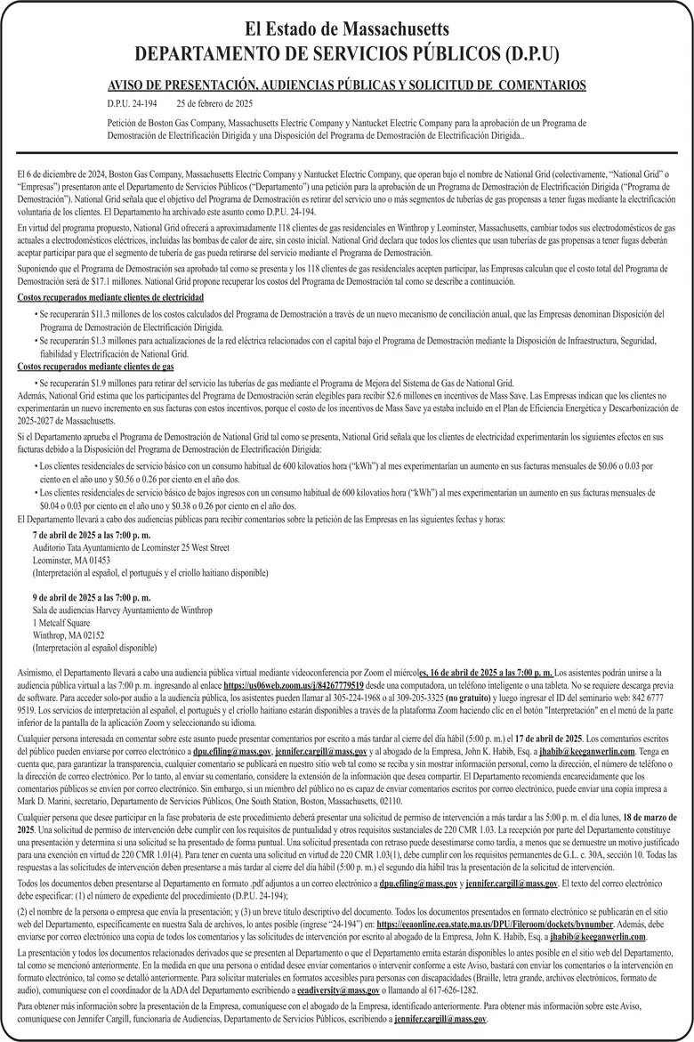 Petición de Boston Gas Company, Massachusetts Electric Company y Nantucket Electric Company para la aprobación de un Programa de Demostración de Electrificación Dirigida y una Disposición del Programa de Demostración de Electrificación Dirigida.