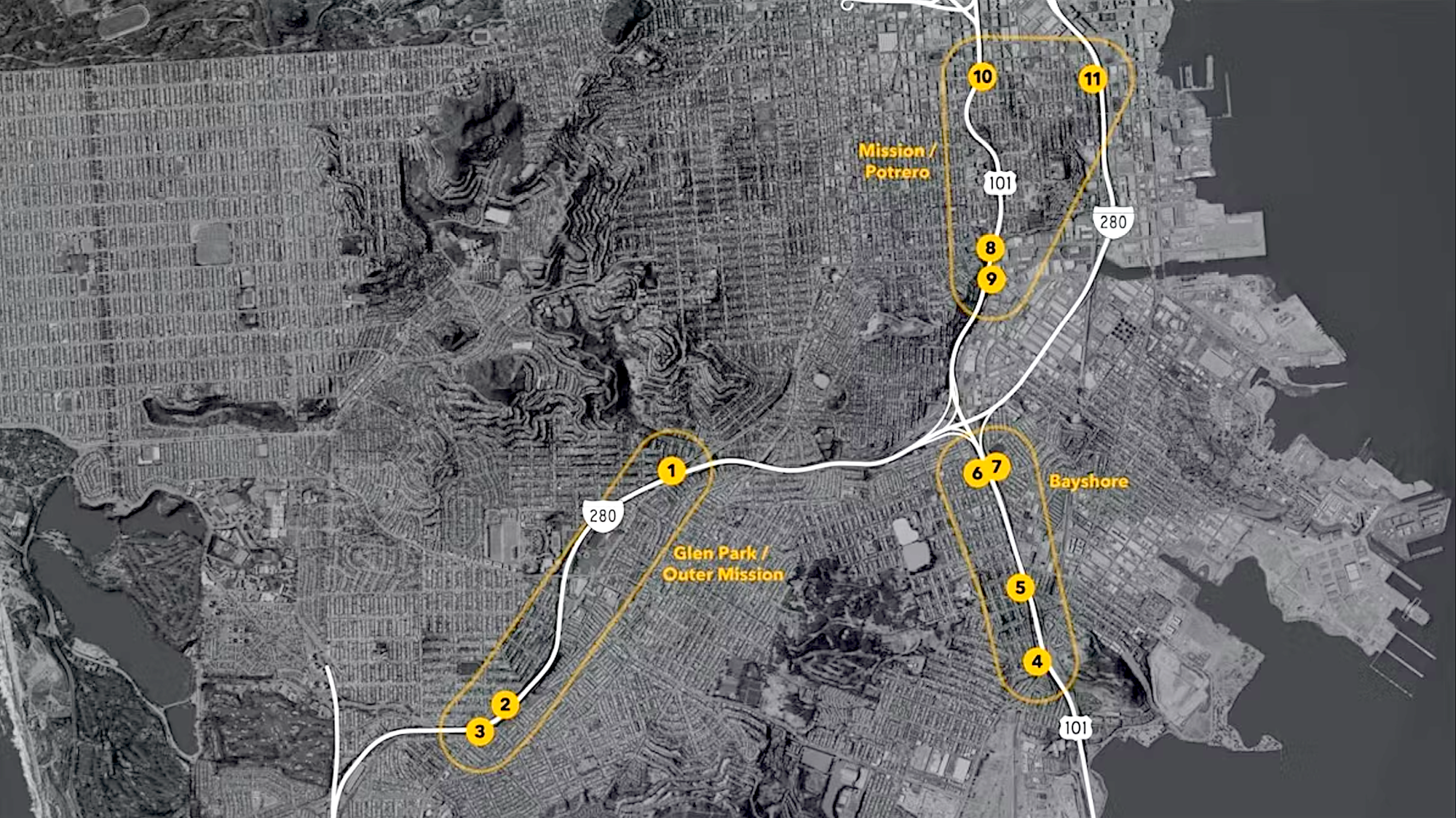 Aerial map of San Francisco with 11 freeway ramps numbered.