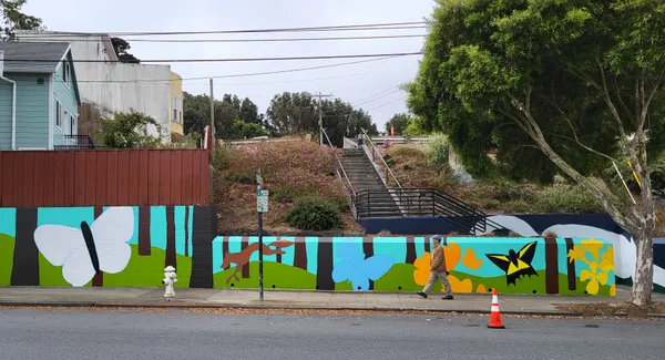 Mural on retaining wall.