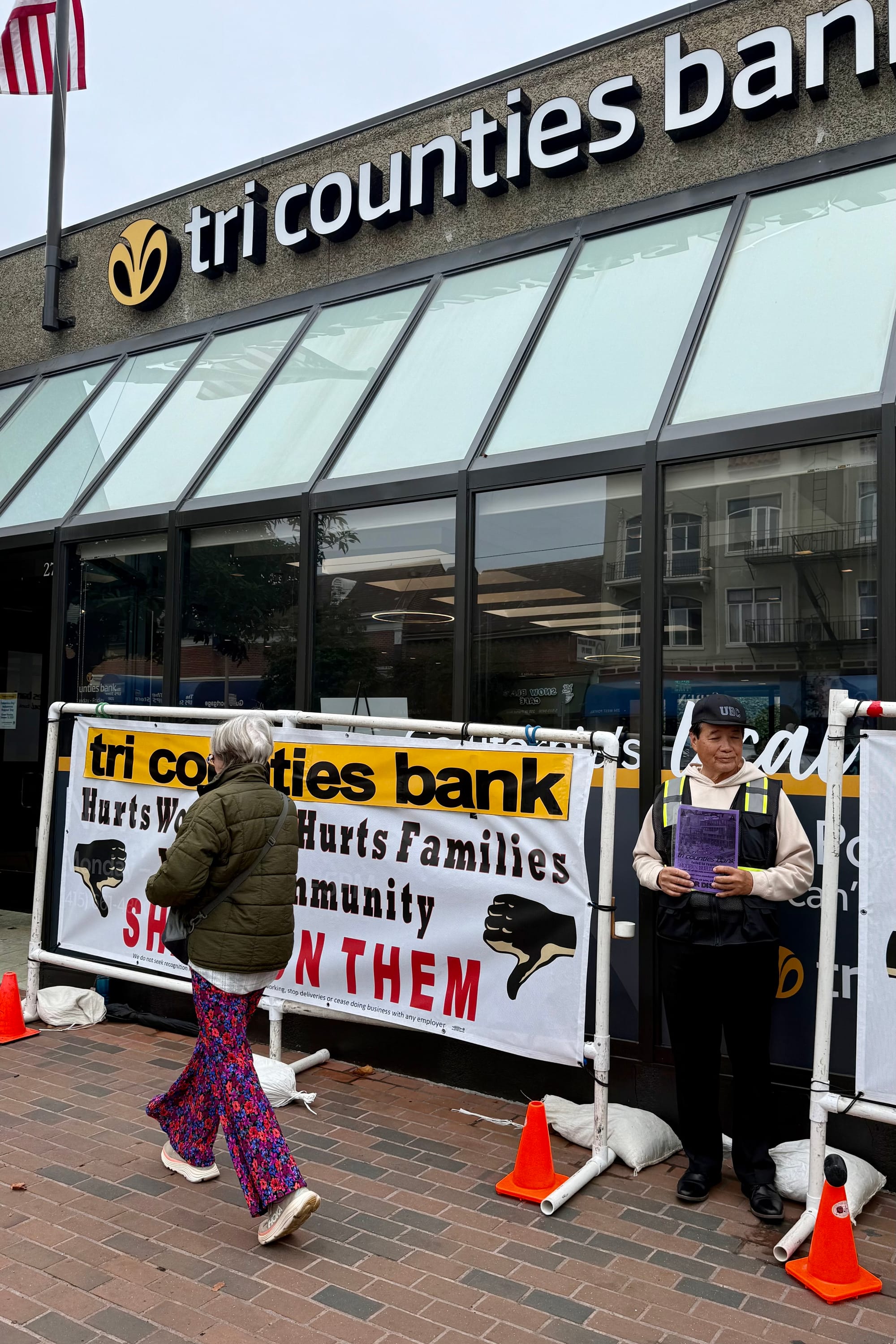 Bank building with protestor.