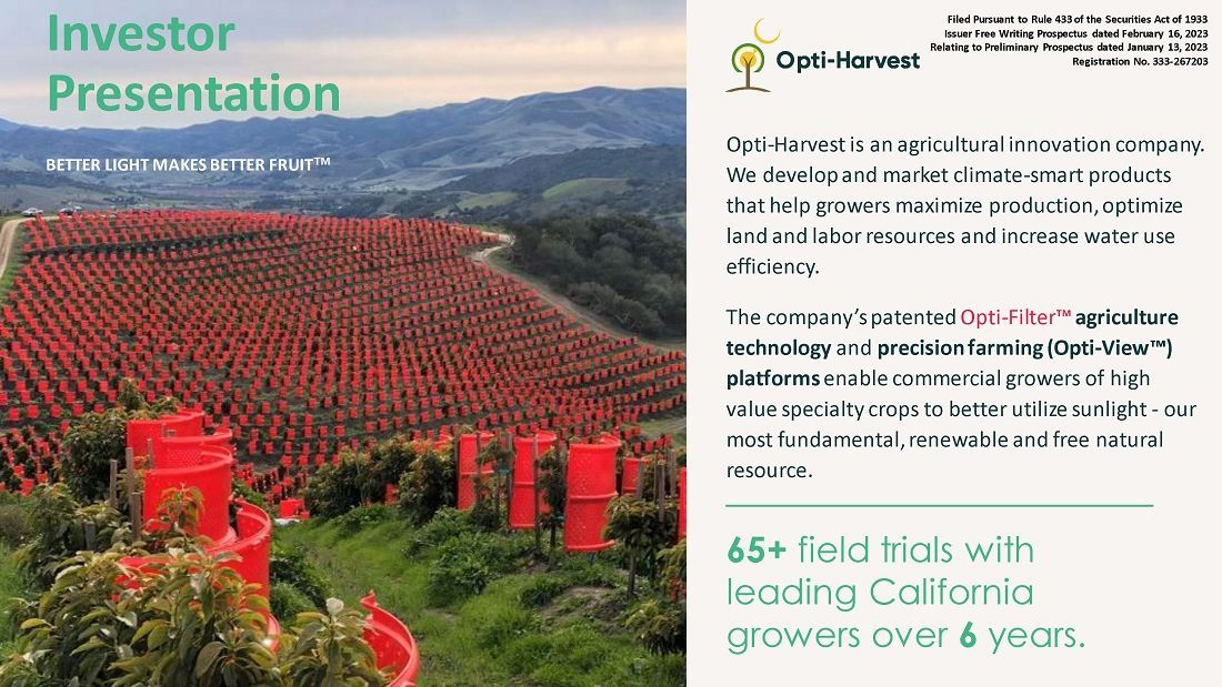 Opti-Harvest (OPHV) IPO deck