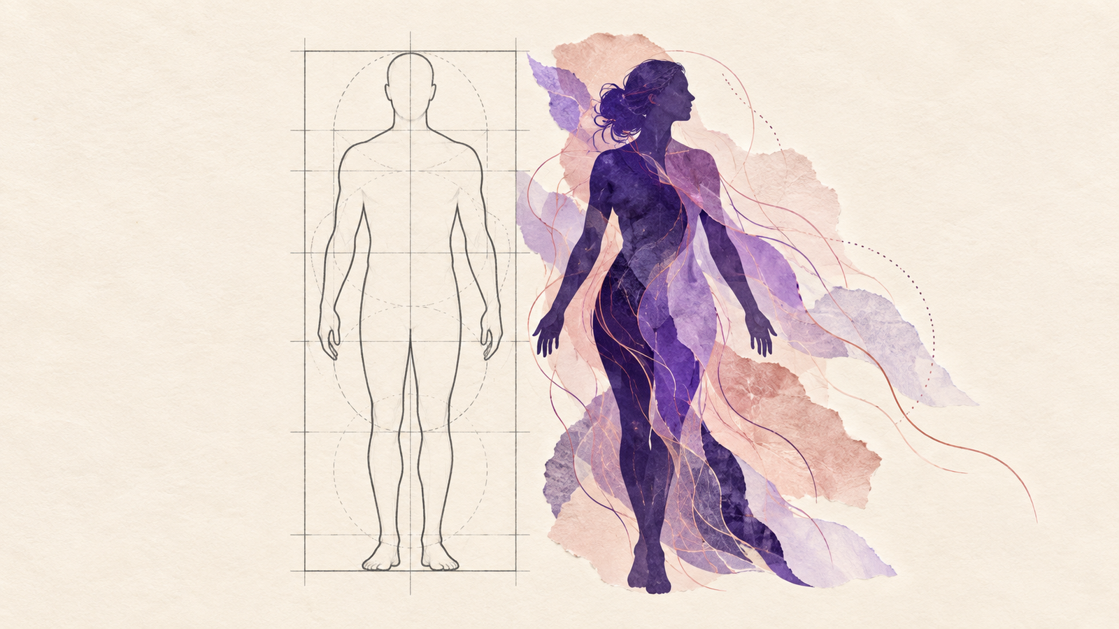 Editorial illustration of a male outline inside a measurement grid beside a layered purple female silhouette extending beyond it.