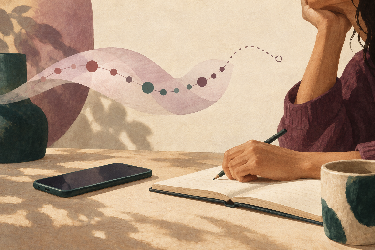Editorial illustration of a person writing beside a phone, with a dotted line representing uncertainty in health predictions.