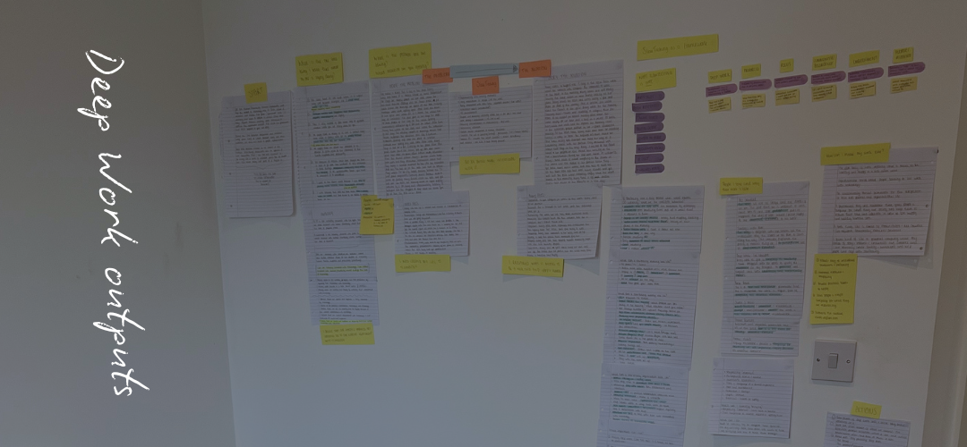 Image showing a wall covered in yellow and purple post-it notes, as well as copious long-form notes. Text overlay reads "deep work outputs"