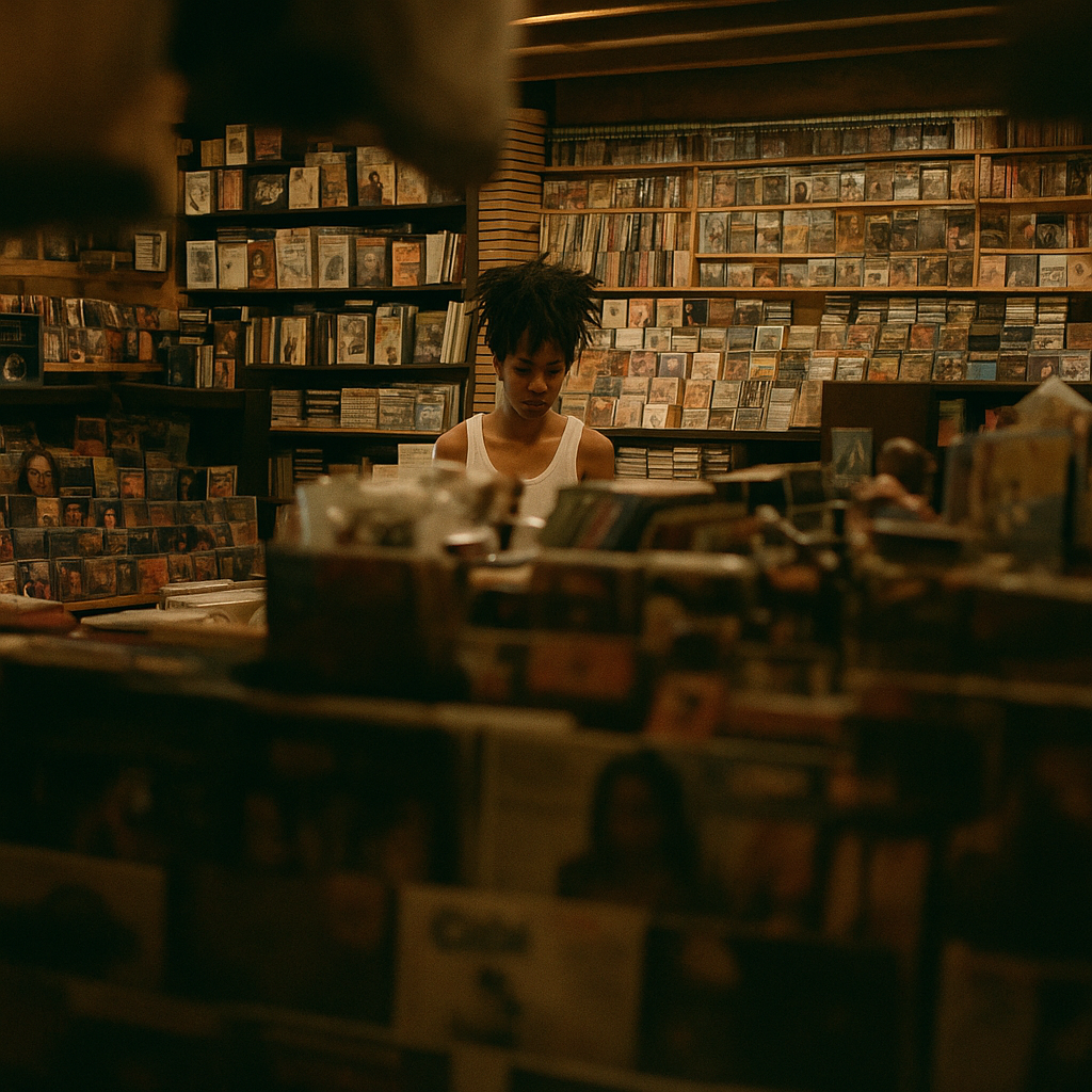 A person looks down while inside a record store.