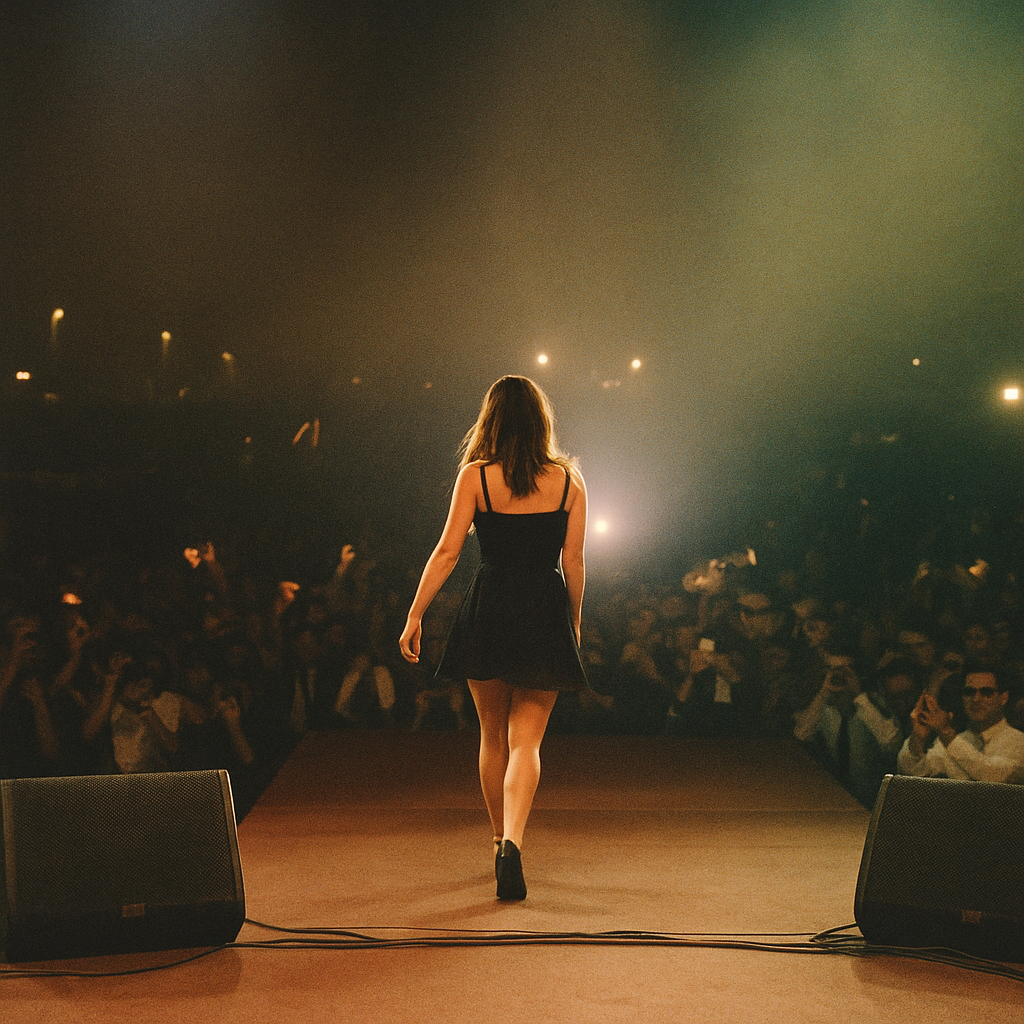 A woman on stage approches a crowd.