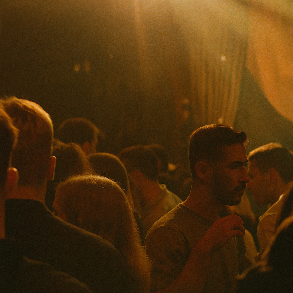 Silhouettes of people in a dark, crowded room