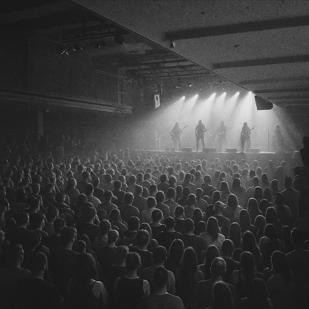 Crowd enjoying a concert with stage lights