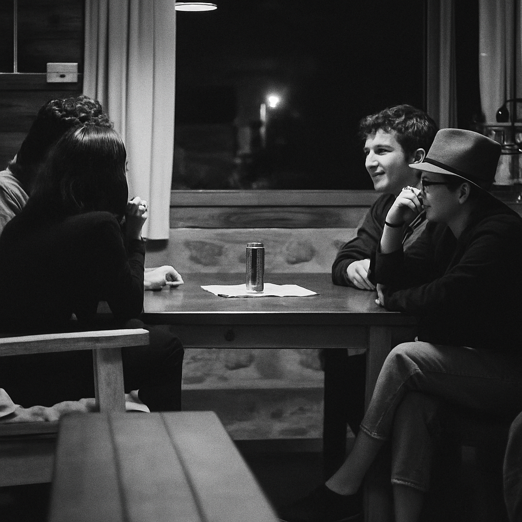 man in black jacket sitting on brown wooden chair