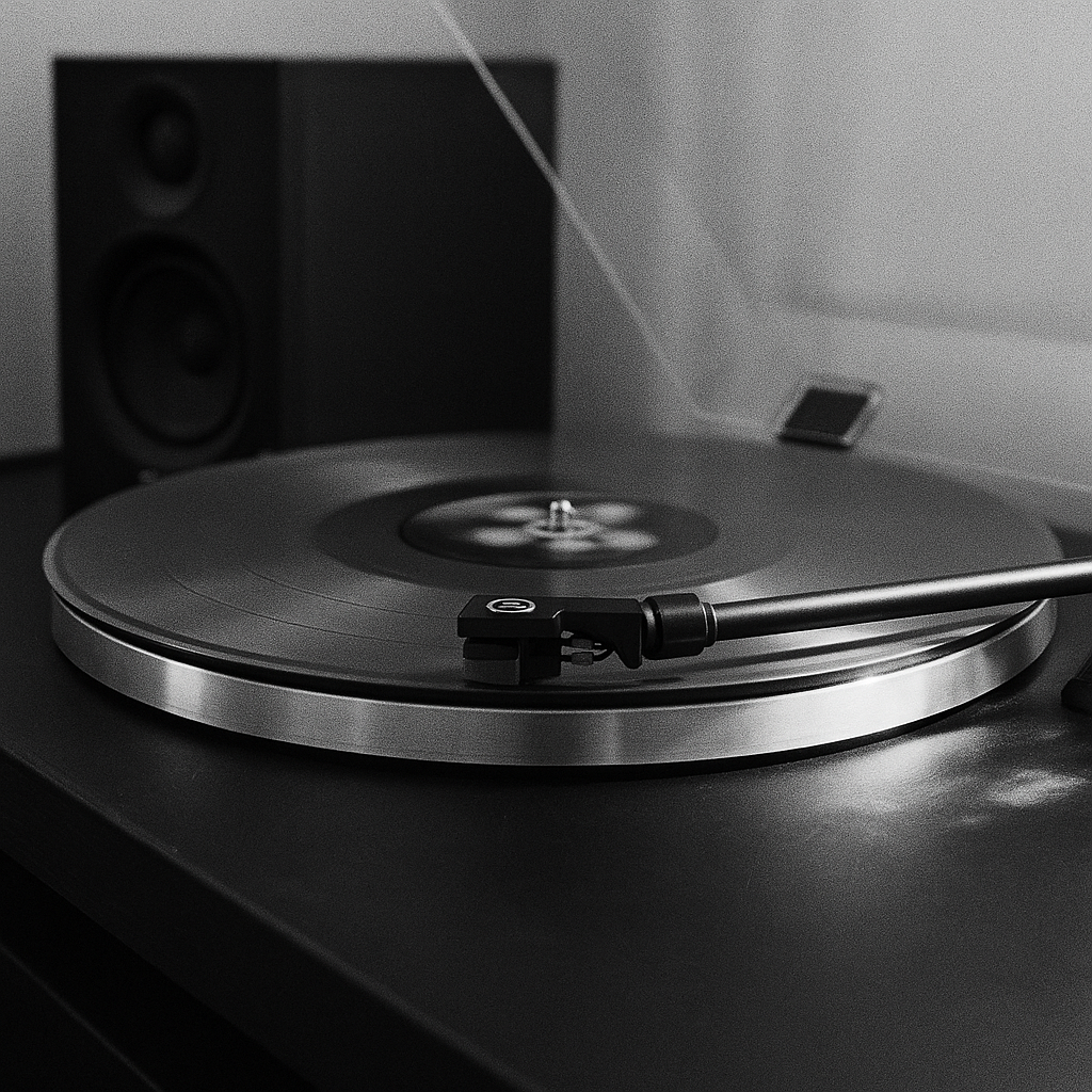 A vinyl record spinning on a turntable.
