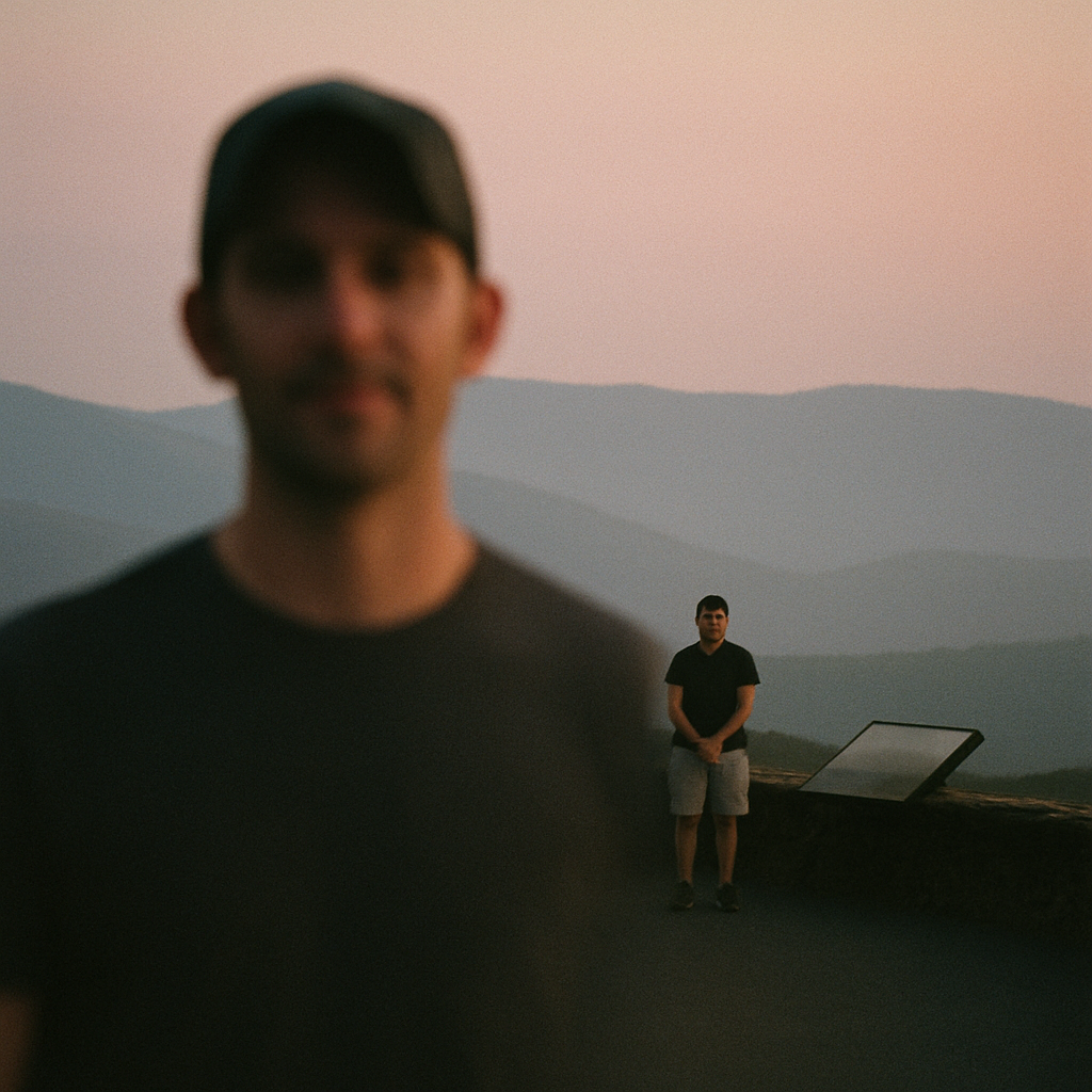 man at scenic viewpoint in a black crew neck shirt, with a blurry image of himself in the foreground