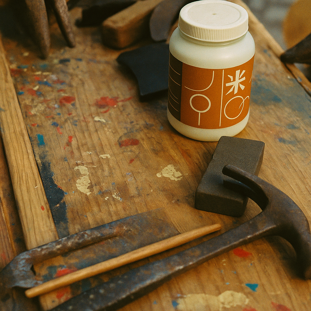 Assortment of old woodworking tools on a stained table.