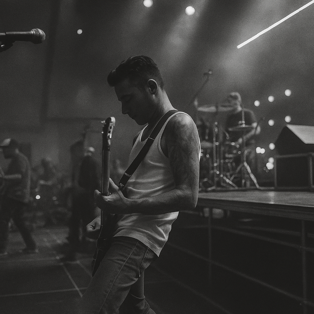 a man playing guitar on a stage, with a drummer on a riser behind hi