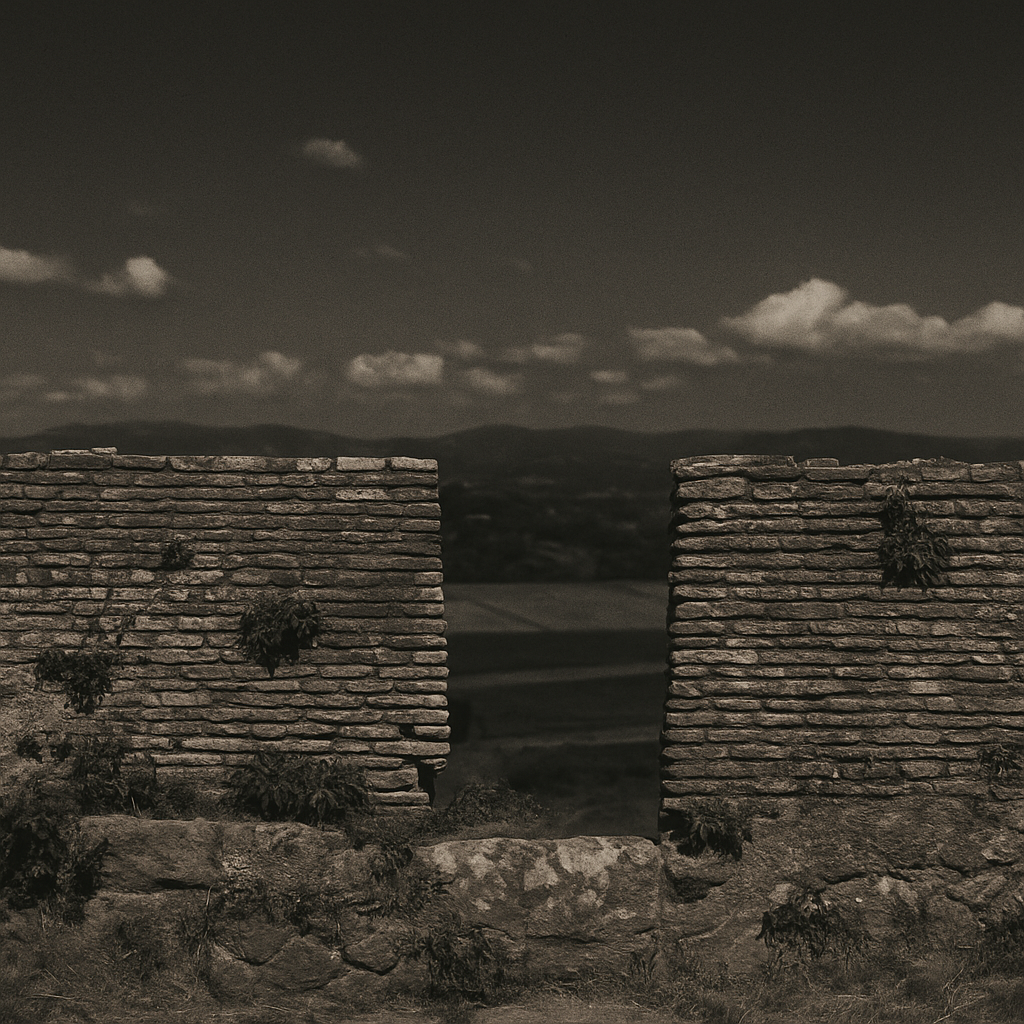 Ancient brick wall with a view of rolling hills
