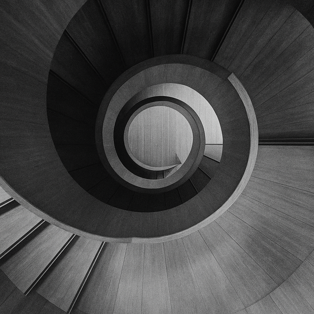 a wooden spiral staircase with a light at the end