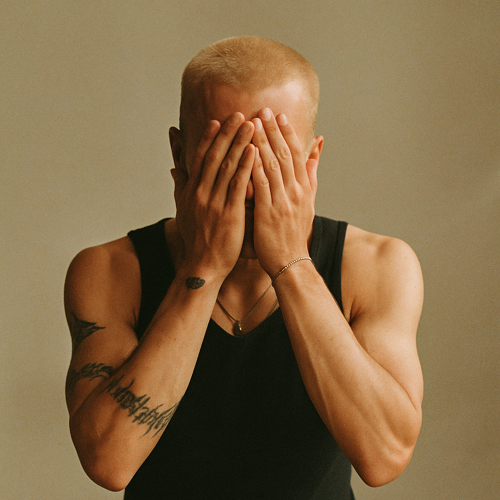 Man covering face with hands against gray background