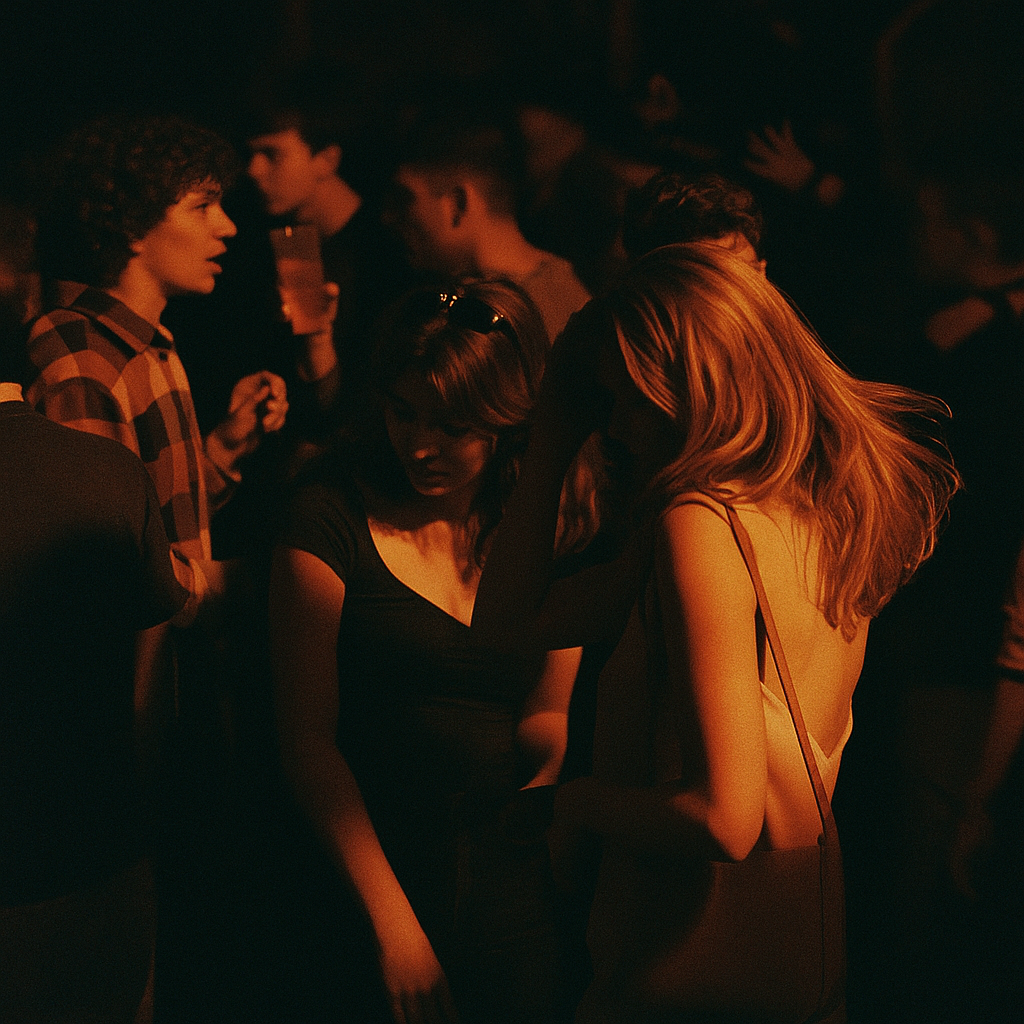 A tinted photo of a crowd of people at a club