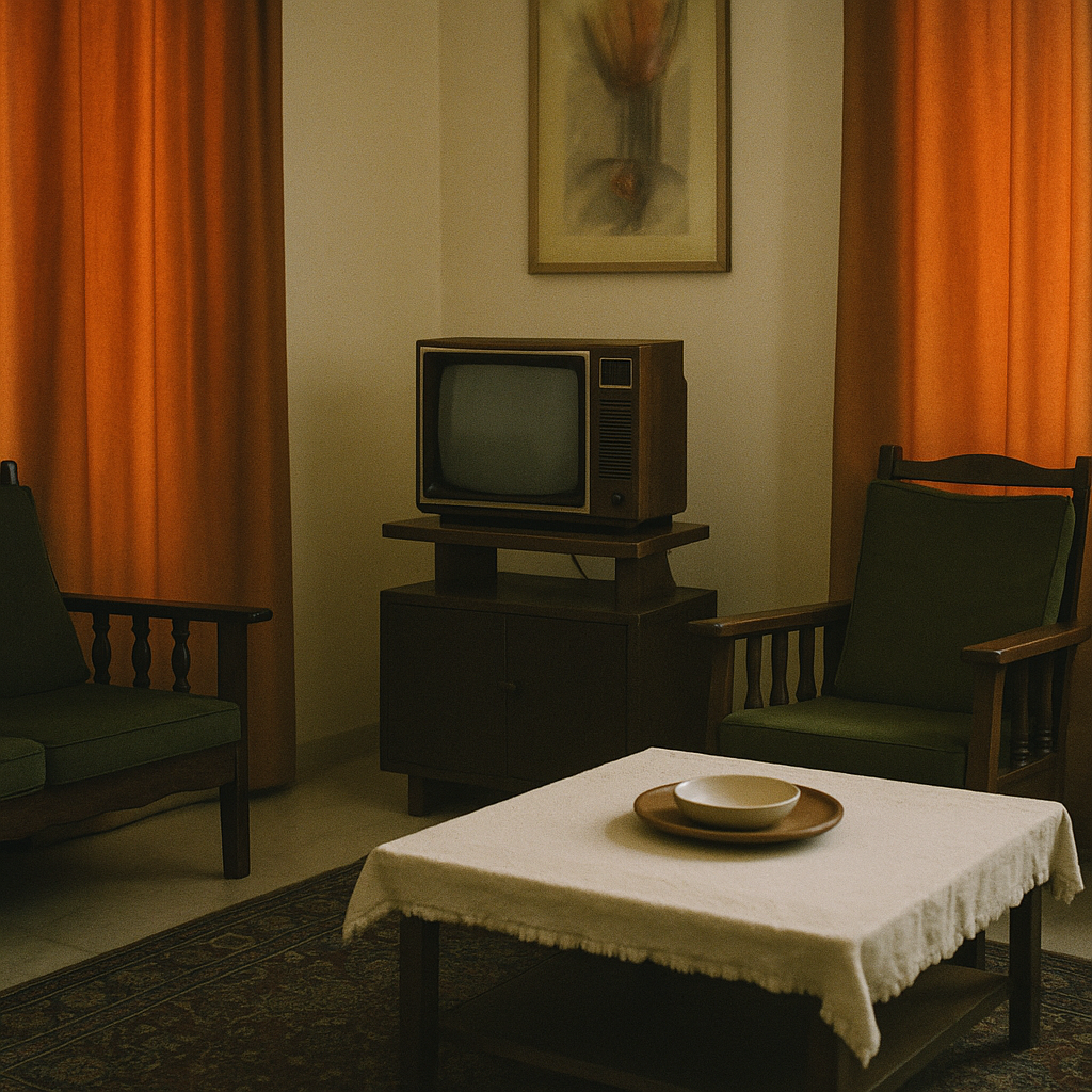 Living room with vintage television and orange curtains
