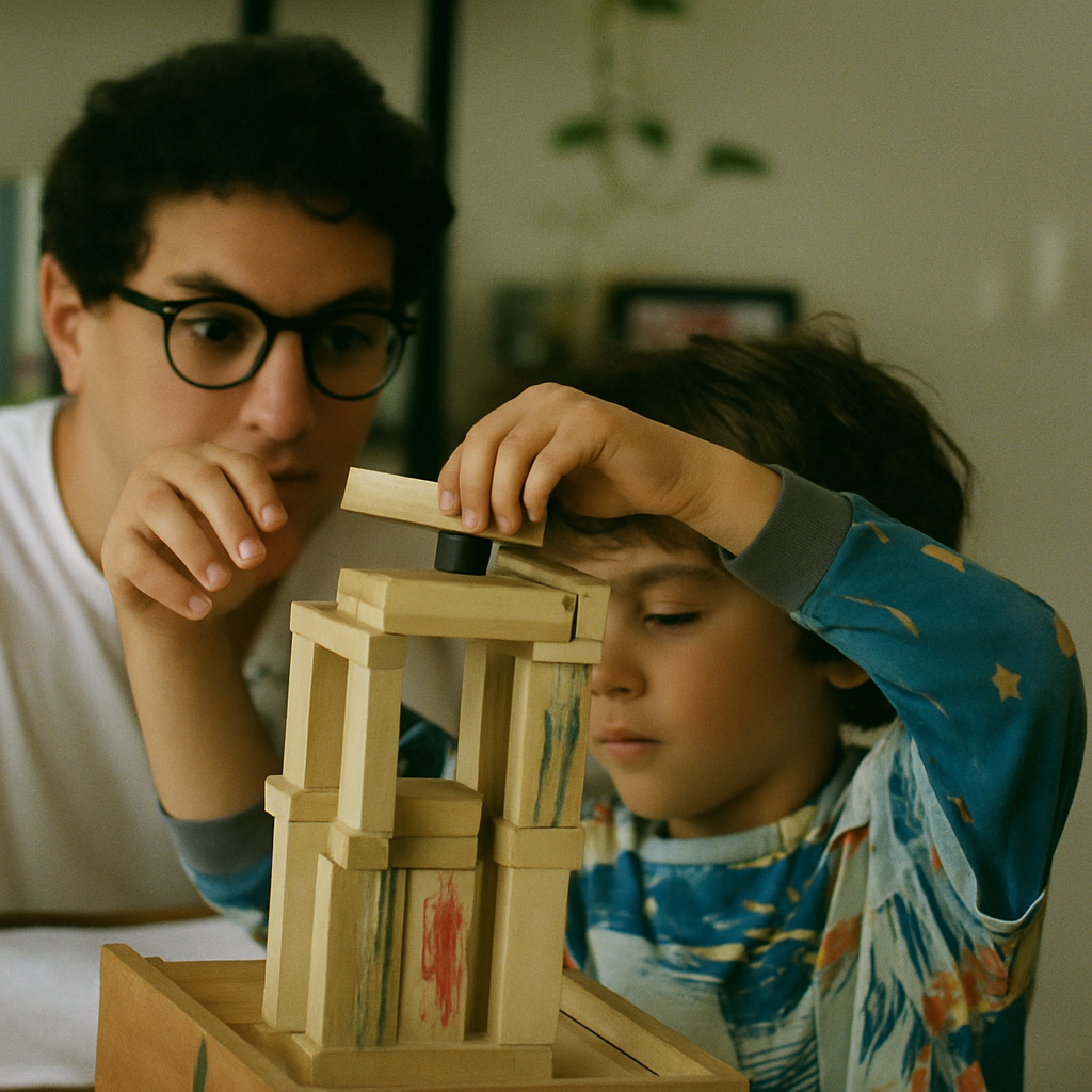 Man and child building with wooden blocks.