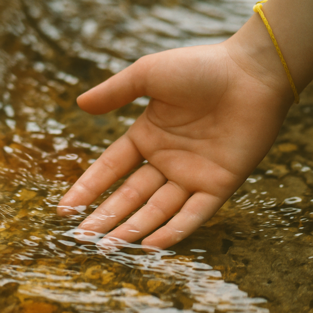 person dipping their fingers in water