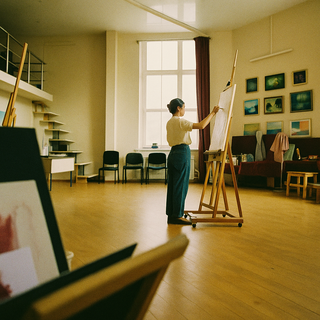 An artist works on a canvas in a bright studio.