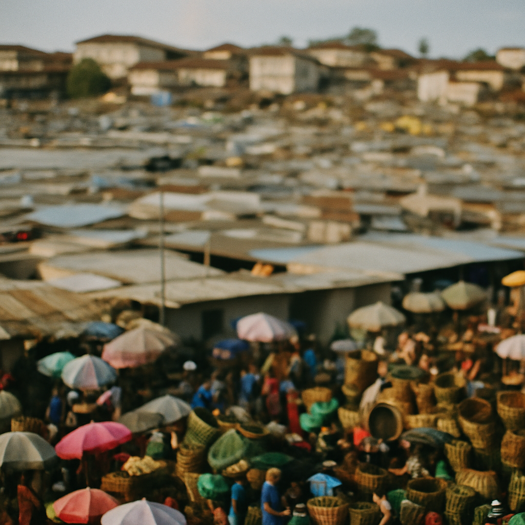 Bustling marketplace with crowded stalls and buildings