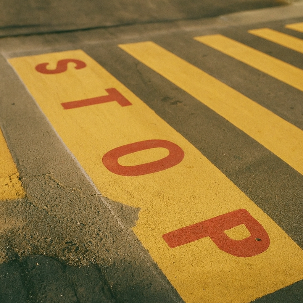 The word "stop" painted on a crosswalk.