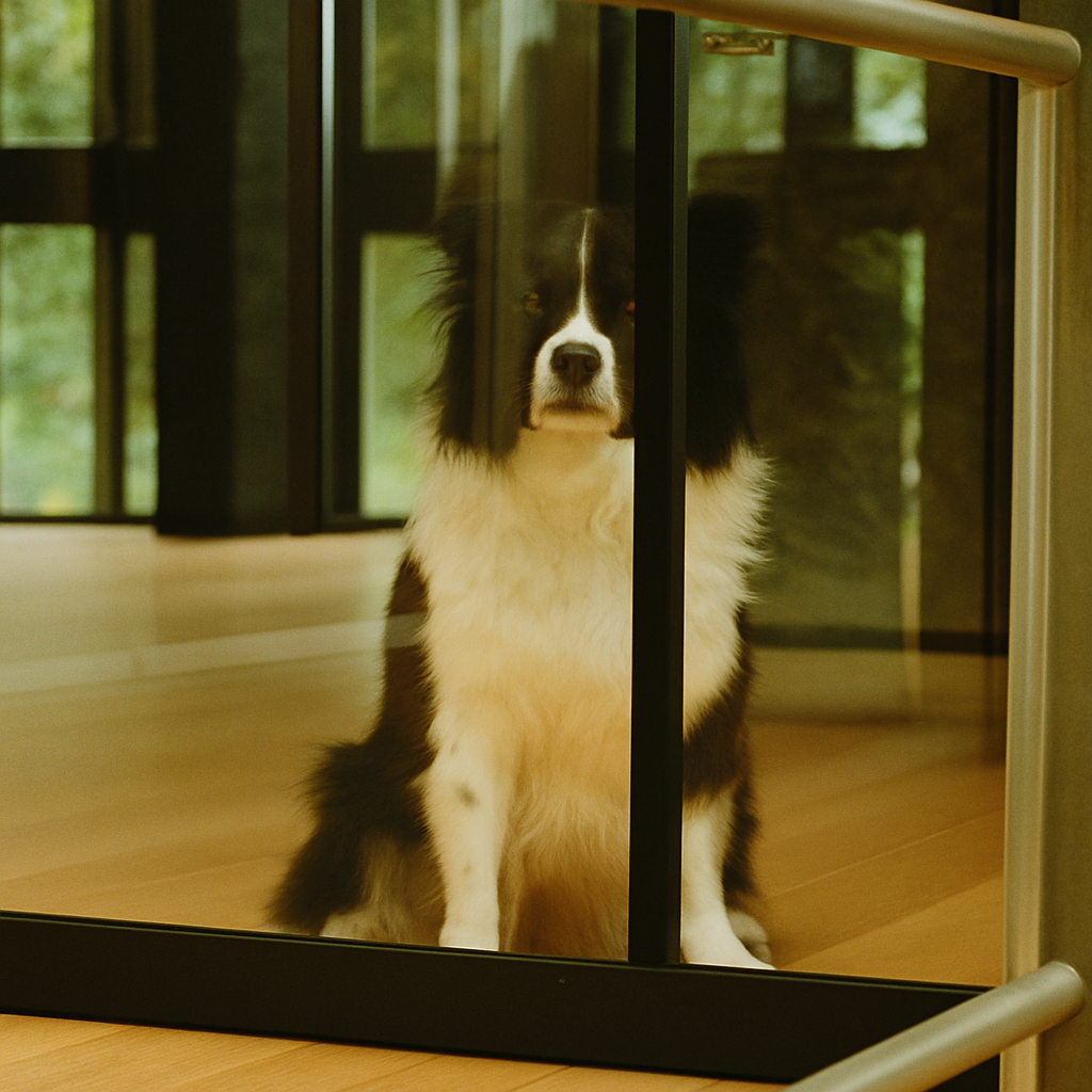 A black and white dog sits behind glass.