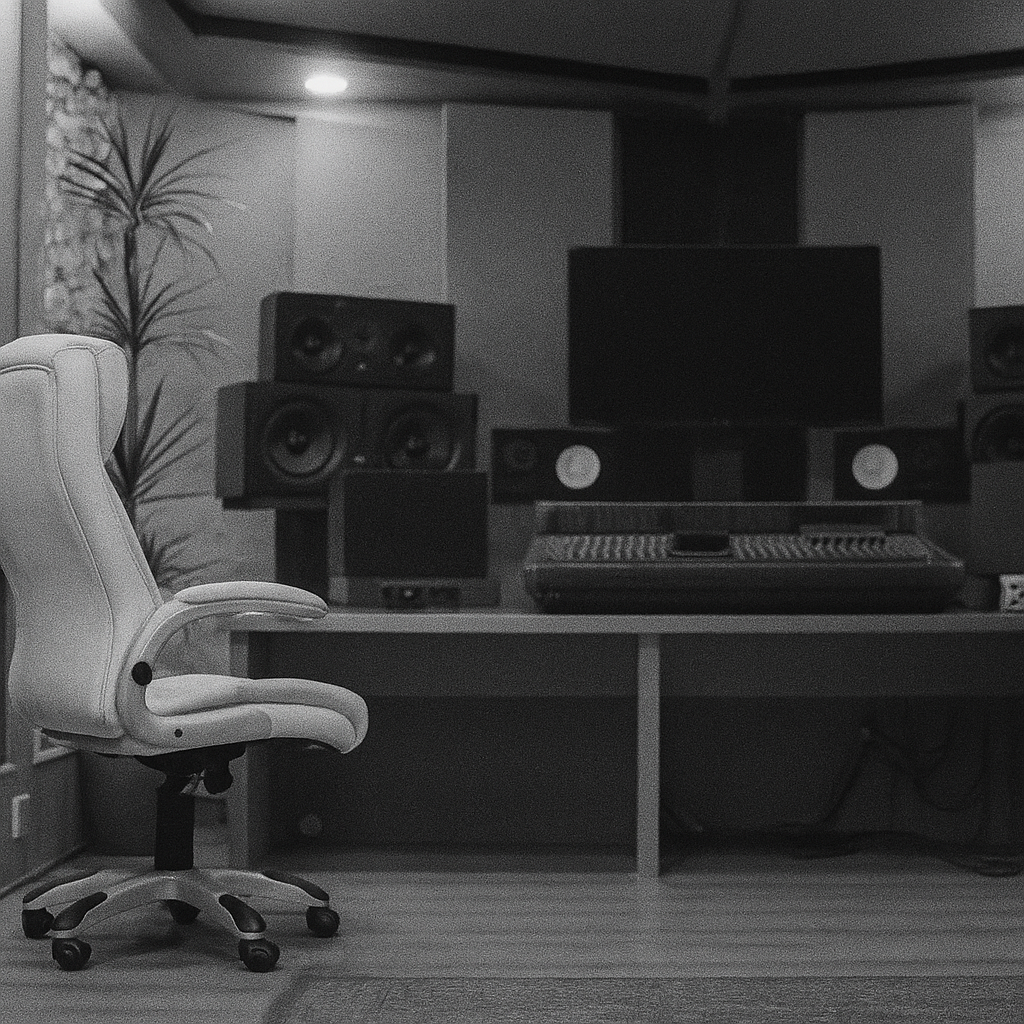 A professional recording studio with soundproofing and equipment.