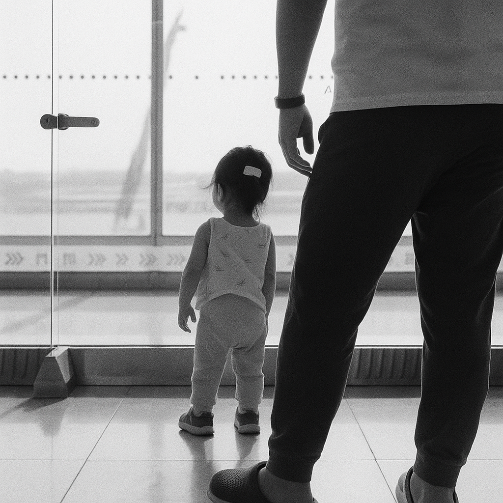 Father and daughter look out window