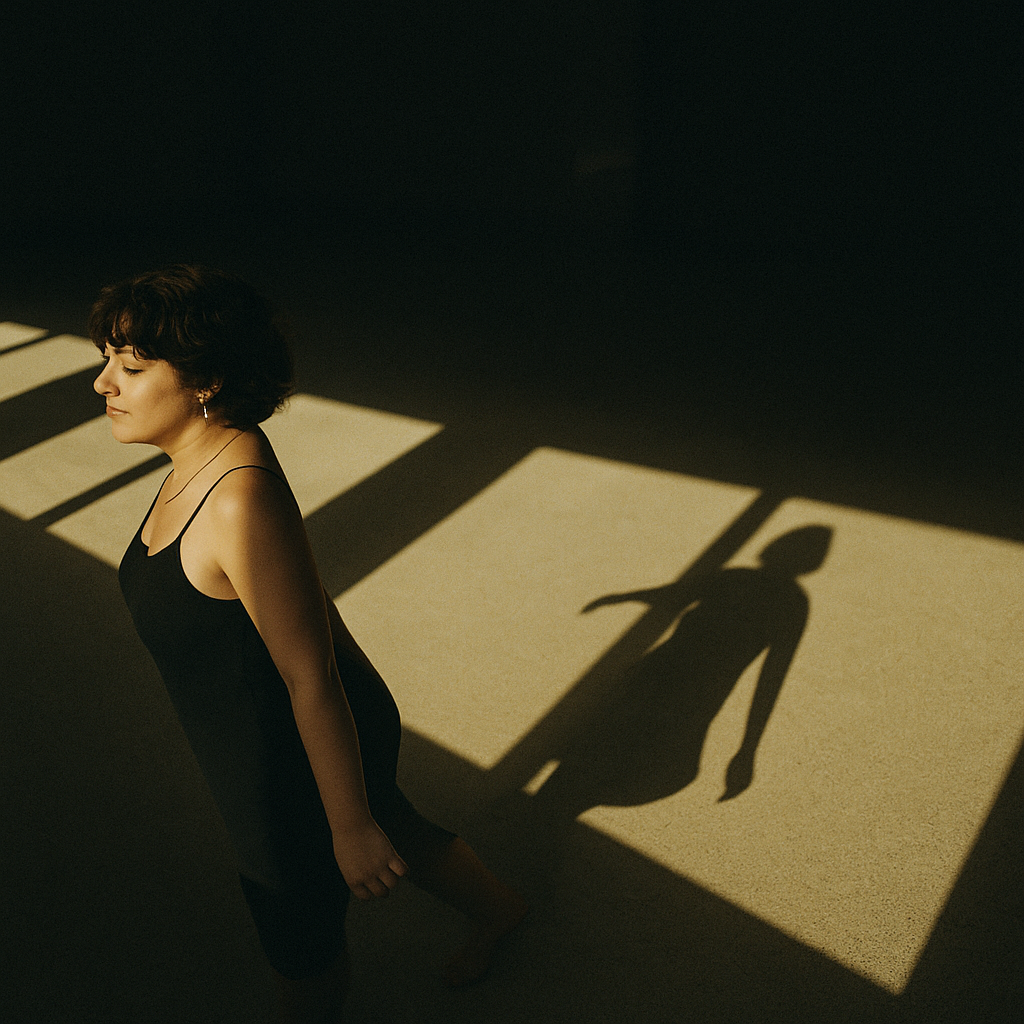 woman standing near window with a shadow of herself on the wall behind her