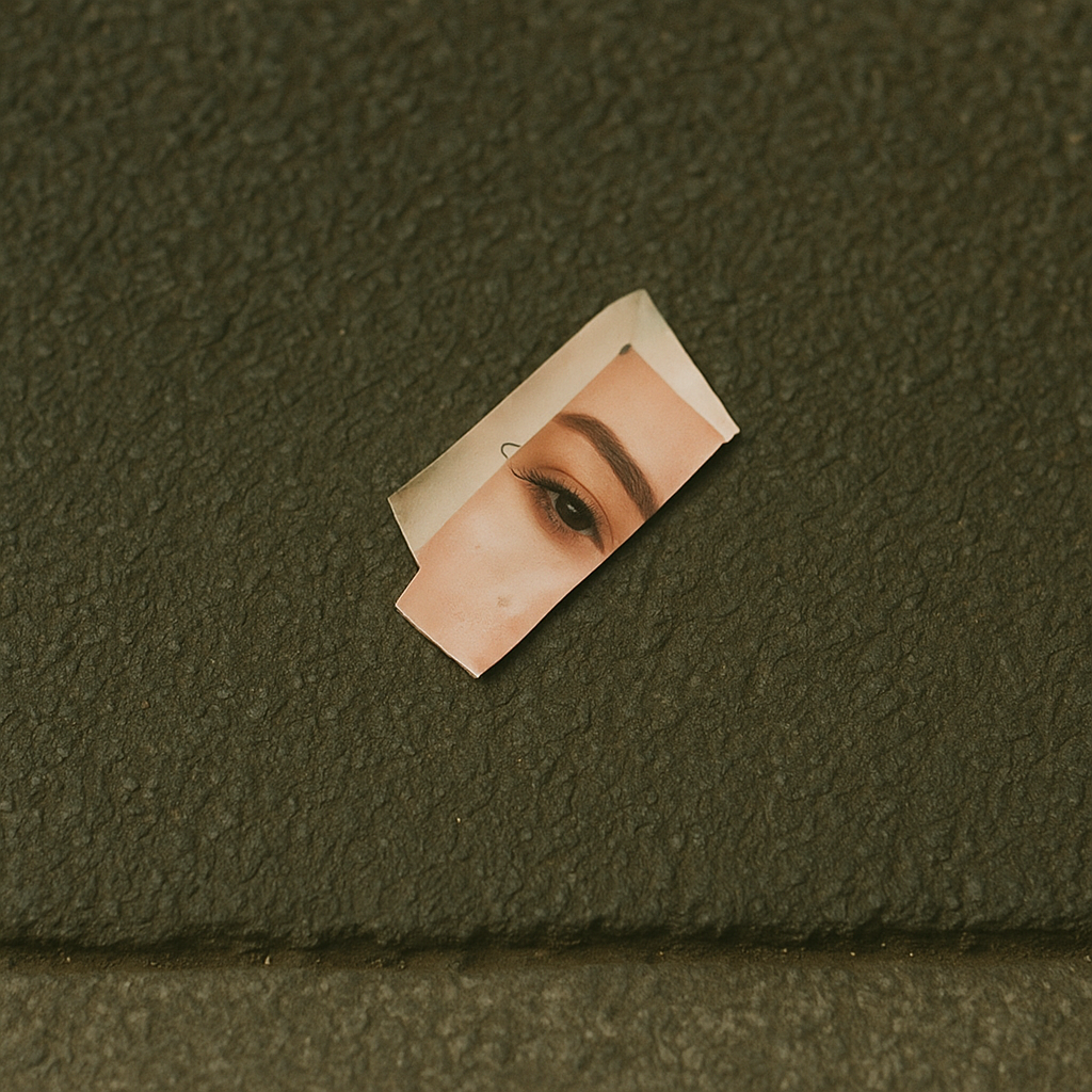Torn piece of paper with a woman's eye on it.