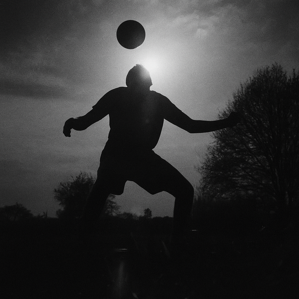 silhouette of man heading a football on grass field during sunset
