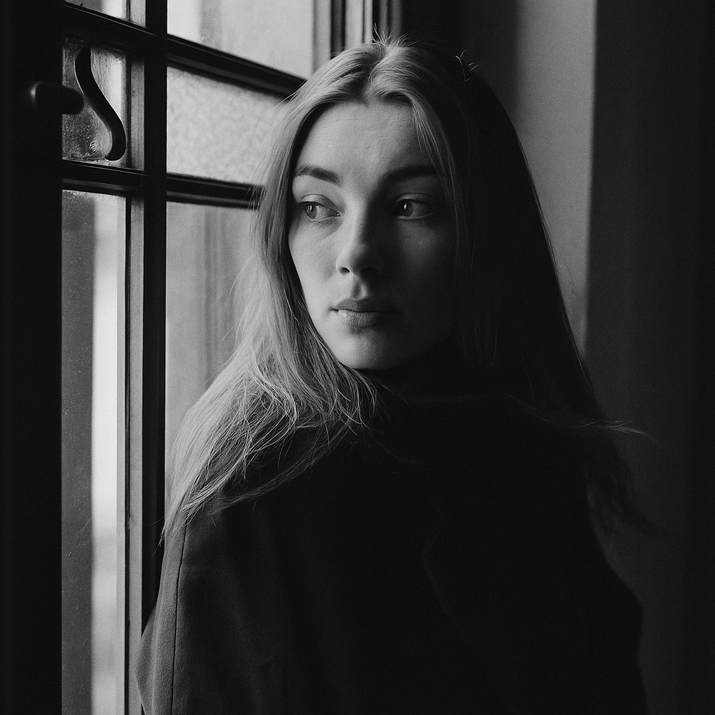 Young woman looking out a glass window