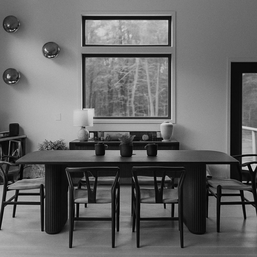 A dining room with a table and chairs