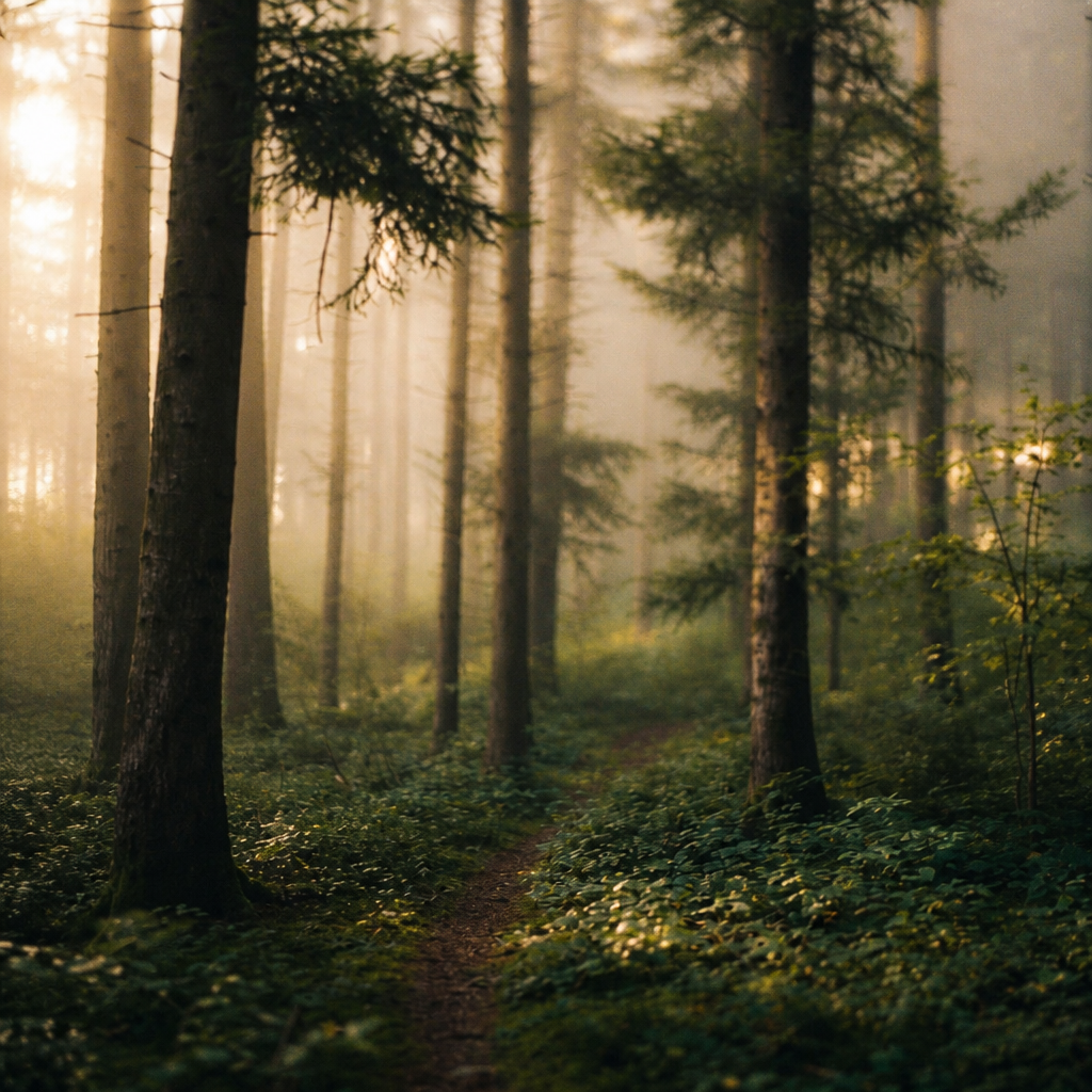 Sunlight through a stand of conifers, a narrow footpath running between them into morning haze.