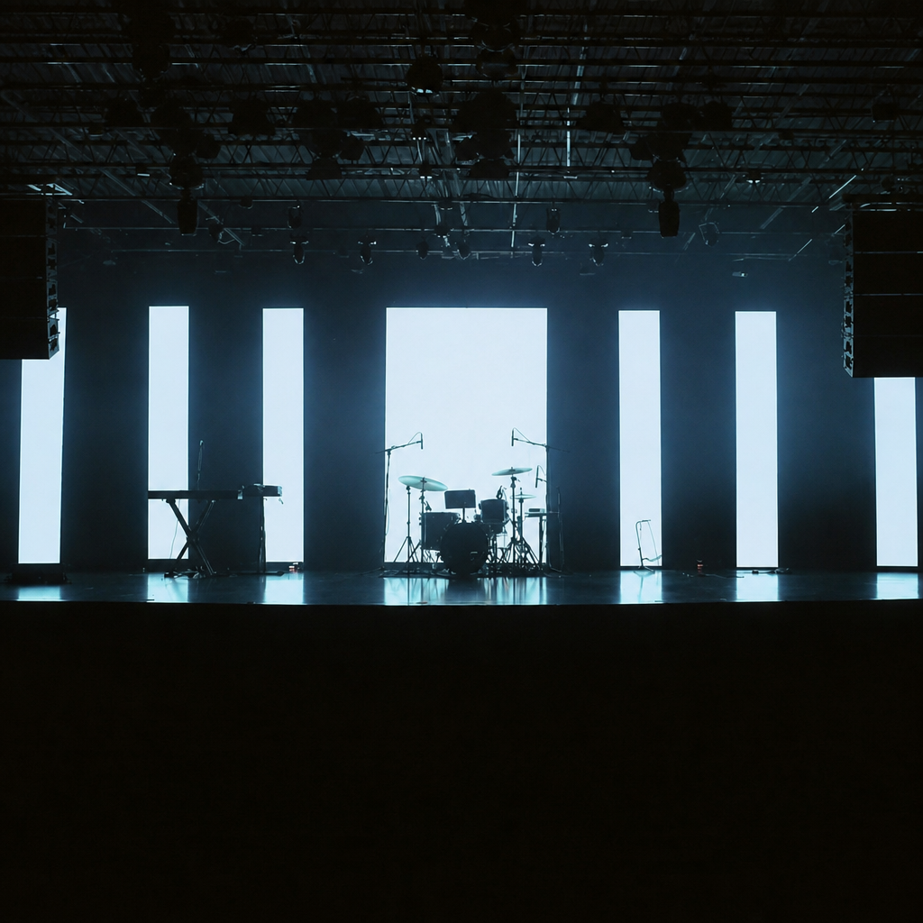 Empty concert stage backlit by tall white panels, a drum kit and keyboard standing unplayed under exposed lighting truss.