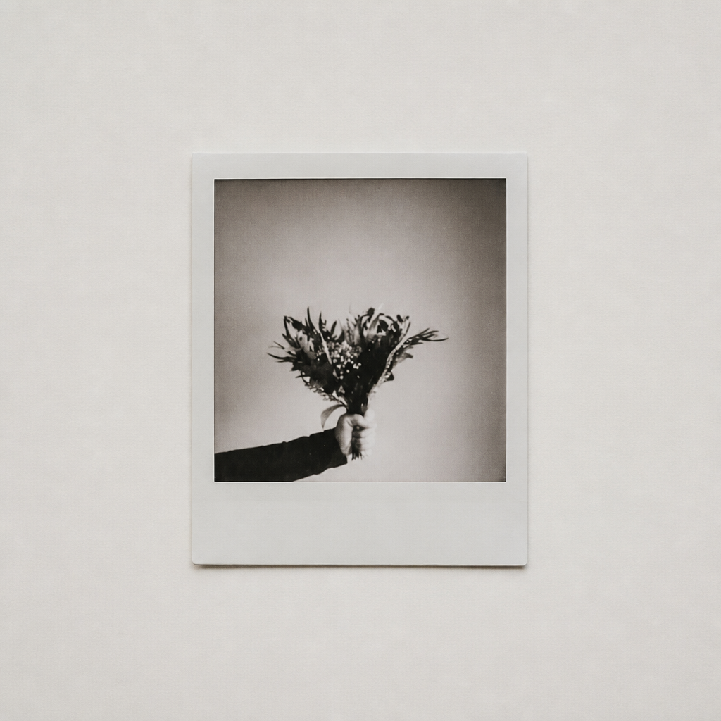 A monochrome instant photograph on a pale wall, showing a hand holding out a small bouquet of flowers.