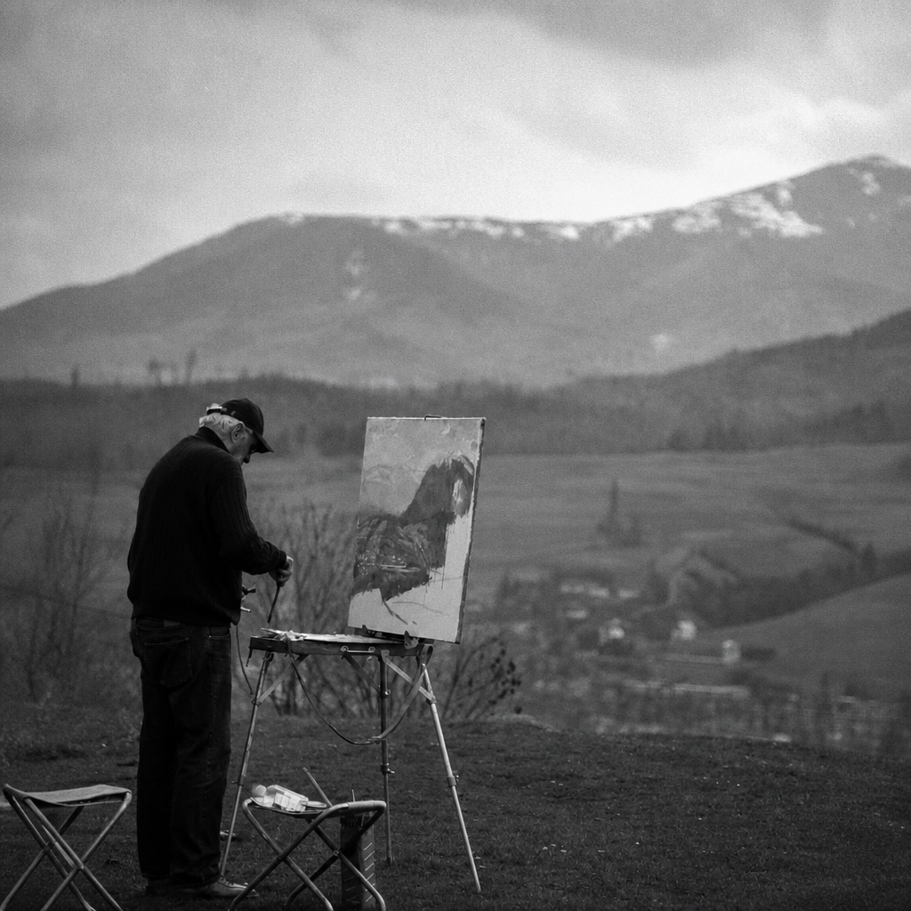 Black-and-white photograph of a painter working at a portable easel in an open field, mountains and a village behind him.