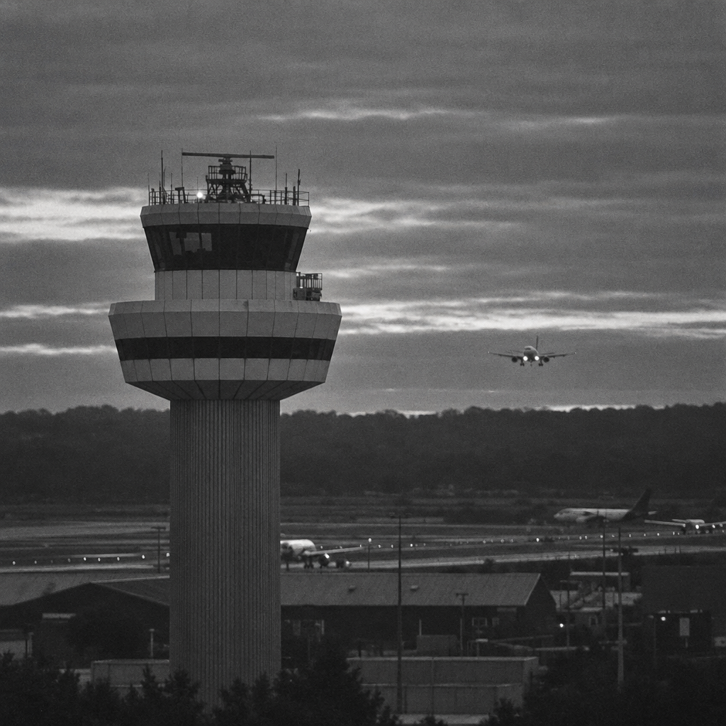 Black and white image of an air traffic control tower at dusk, with an airliner on final approach in the distance and parked aircraft on the taxiways below.
