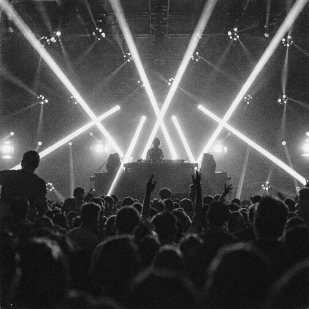Black-and-white photo of a packed club crowd, some with hands raised, facing a DJ booth under crossing beams of stage light.