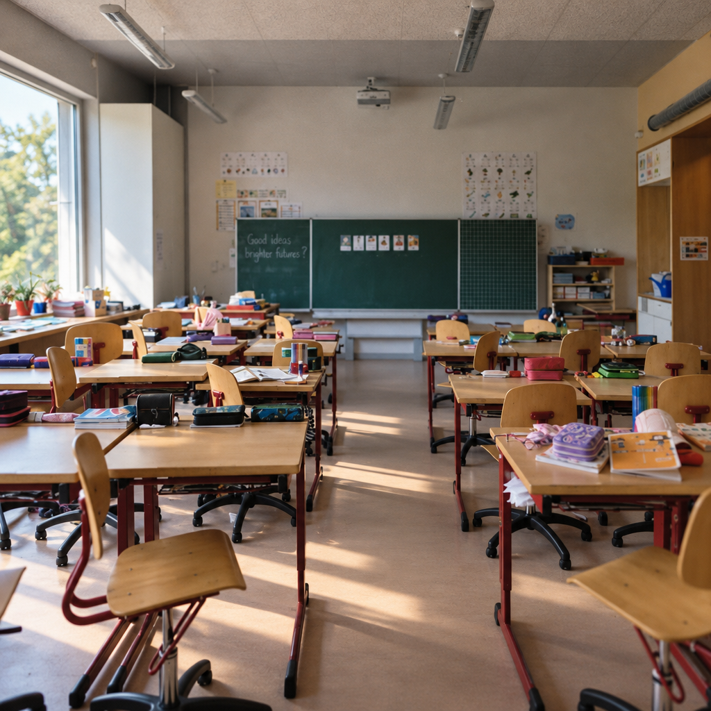 Empty primary-school classroom in late-afternoon sun: rows of wooden desks scattered with pencil cases and open books, a green chalkboard at the front reading “Good ideas, brighter futures?”