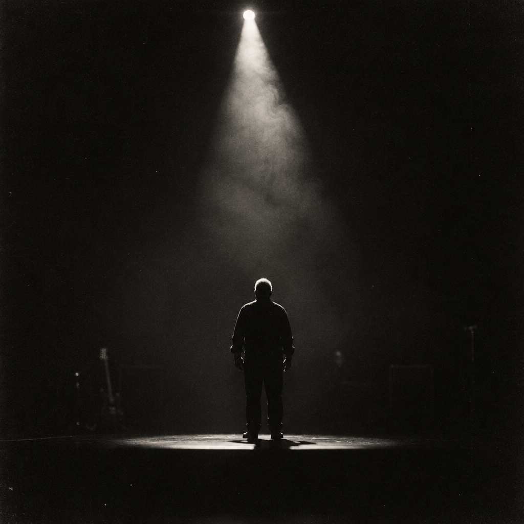 Black-and-white photo of an older man in silhouette, alone on a dark stage under a single hazy spotlight, a guitar and a microphone stand in the shadows behind him.