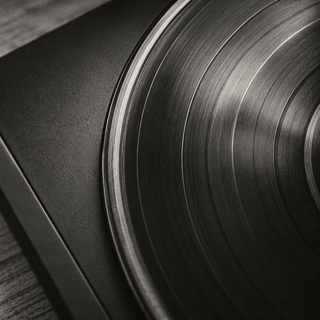 Black-and-white close-up of a vinyl record, light catching the grooves near its edge, resting on a dark textured surface over a wooden table.