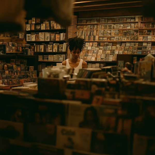 A person looks down while inside a record store.