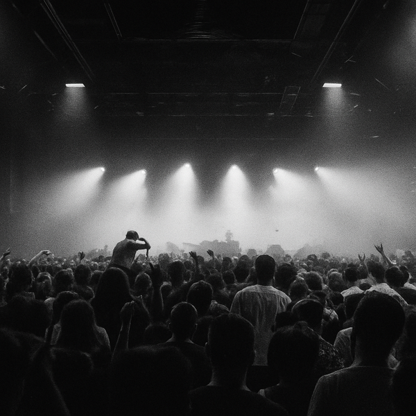 a crowd of people standing in front of a stage
