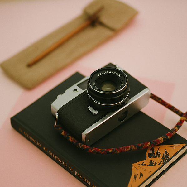 black and silver camera sits in front of an ink pen, and on top of a sketch pad
