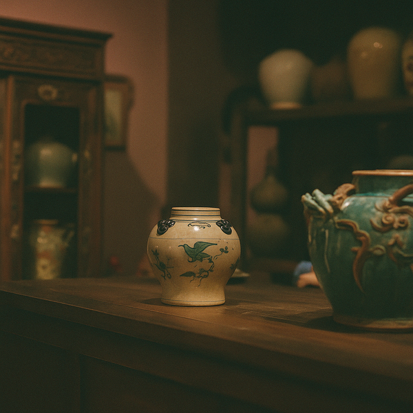 Antique pottery displayed on a wooden surface.