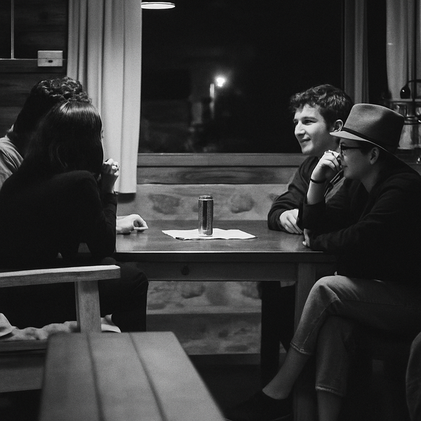 man in black jacket sitting on brown wooden chair