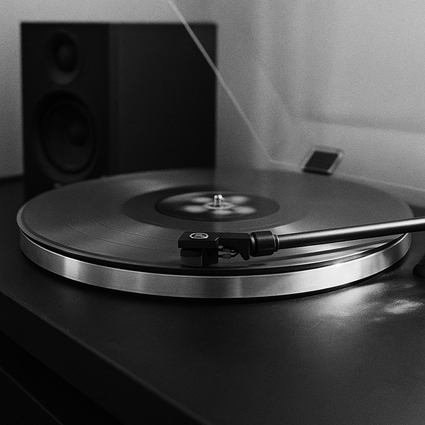 A vinyl record spinning on a turntable.